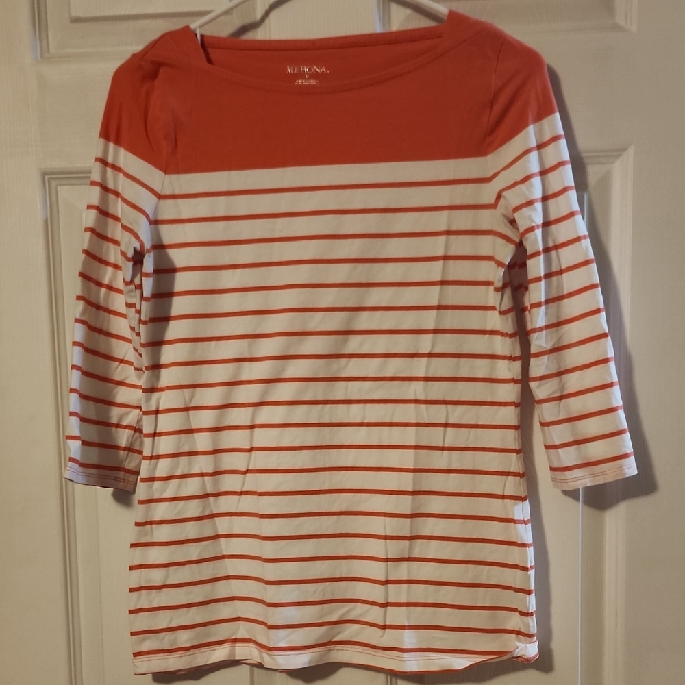 Merona Coral and White Striped Long Sleeve Top